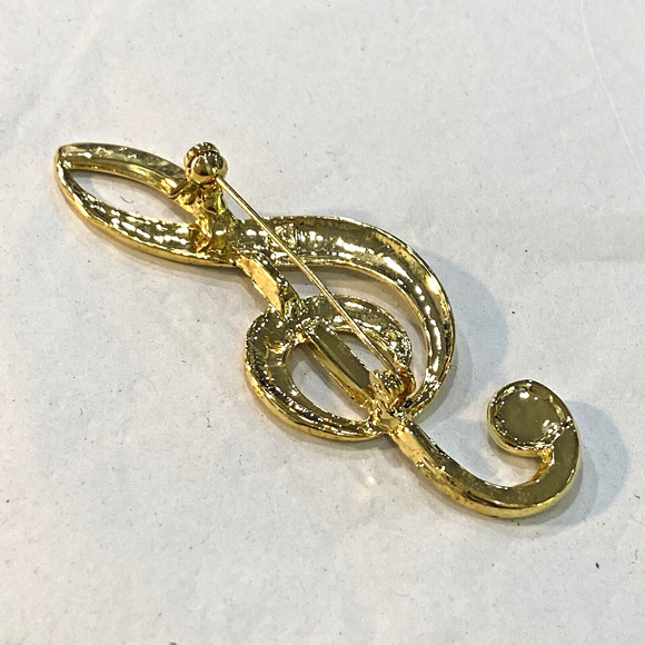 Treble Clef Brooch for Music Lovers Goldtone Pin & Clear White Rhinestones - Picture 4 of 5